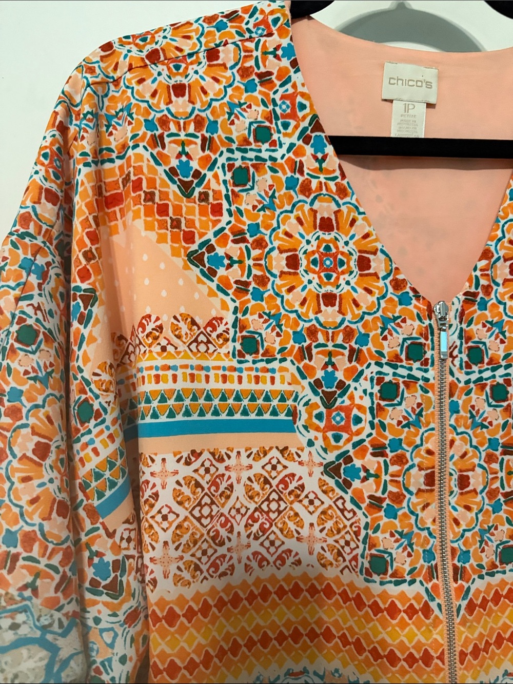Chico's Peach and Teal Tile-Print Zip Front Cropped Jacket Blouse - Picture 10 of 11